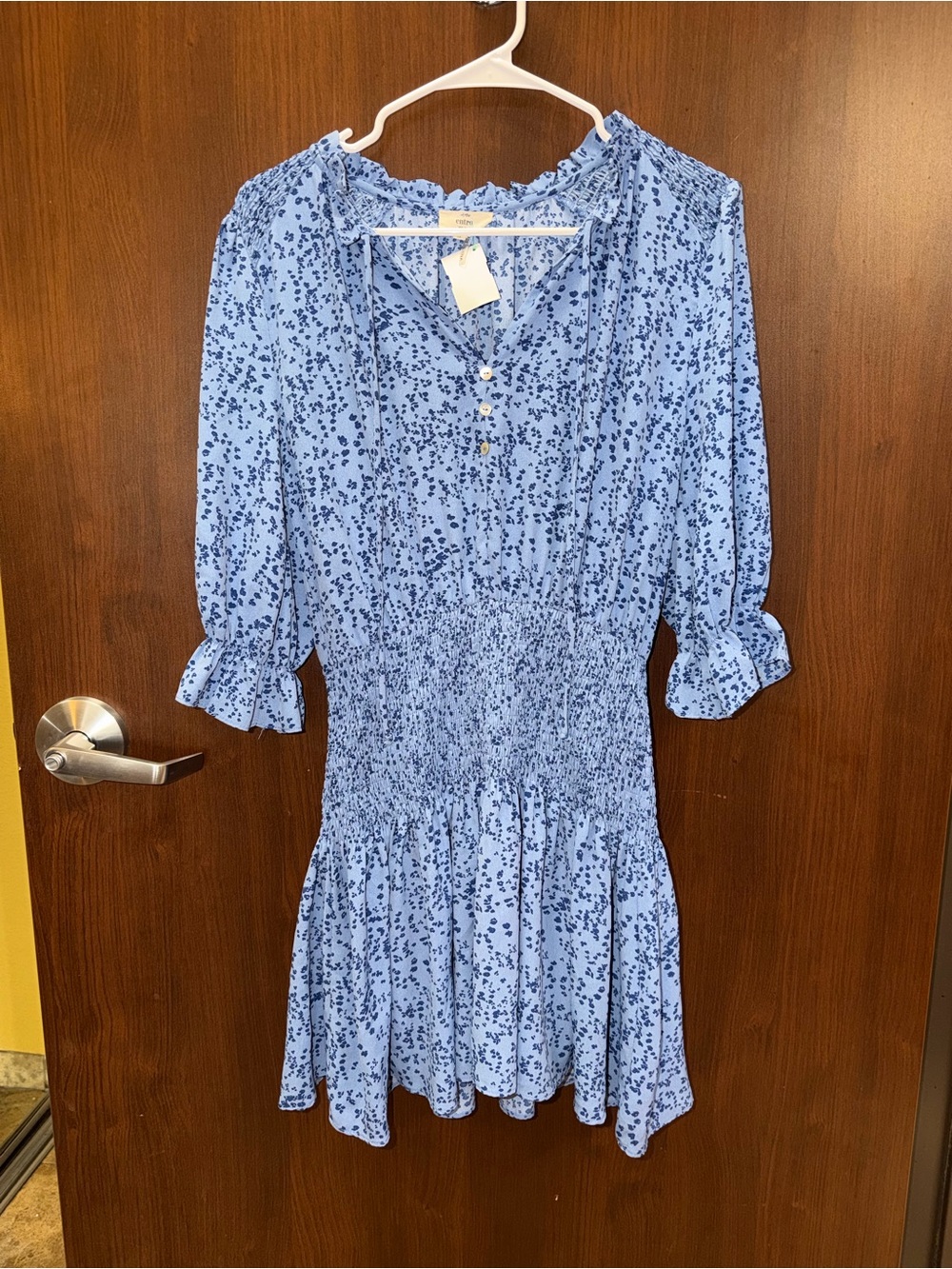 entro Light Blue Mini Dress with Navy Fleck Print